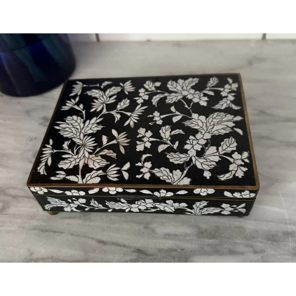 Early 20th Century Chinese Floral Cloisonné Cloisonne Black Box Brass Enamel